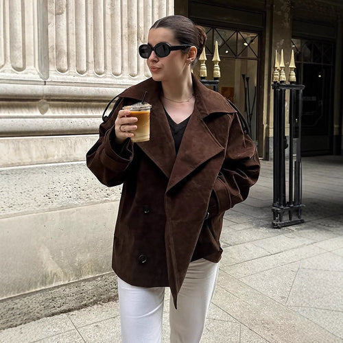 Damen Kurztrench aus Veloursleder-Optik mit weitem Revers und boxy Silhouette Nord Taschen