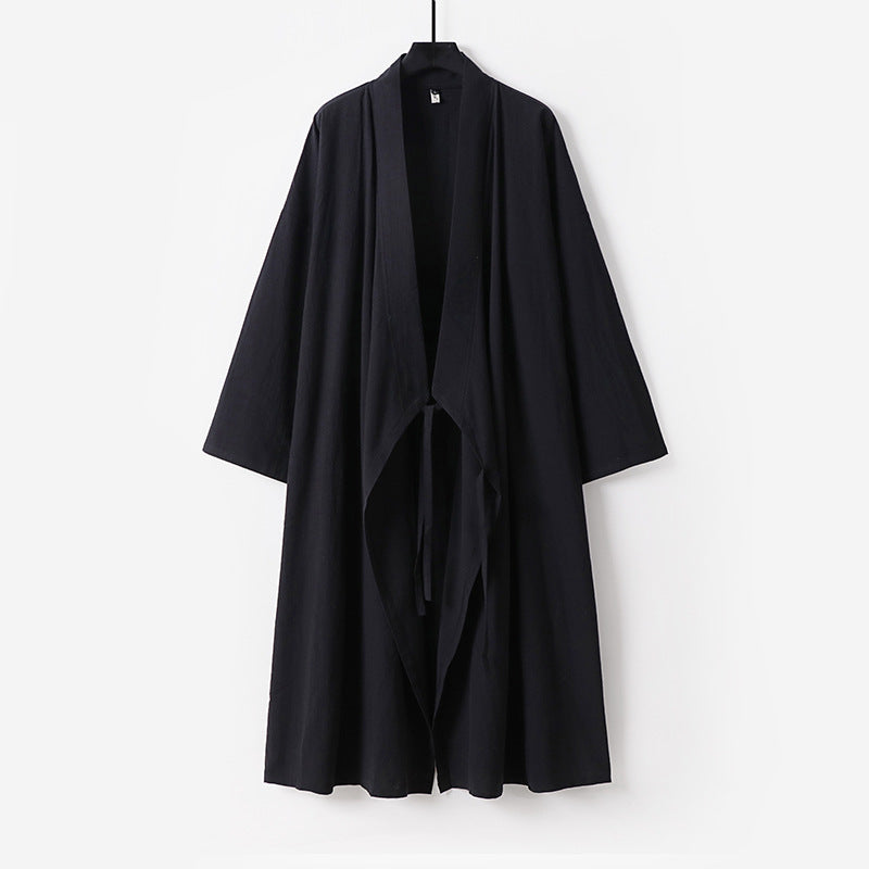 Unisex Langer Kimono-Mantel aus leichtem Baumwollmix mit drapierter Front und Bindeschlaufe Nord Taschen