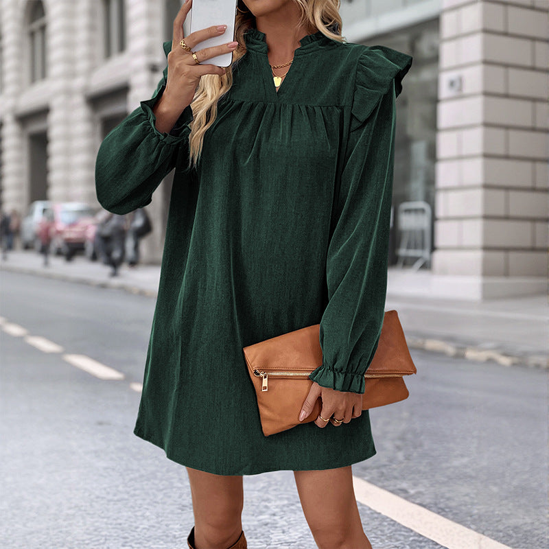 Damen Volant-Hemdkleid mit geraffter Passe, Stehkragen und elastischen Manschetten Nord Taschen