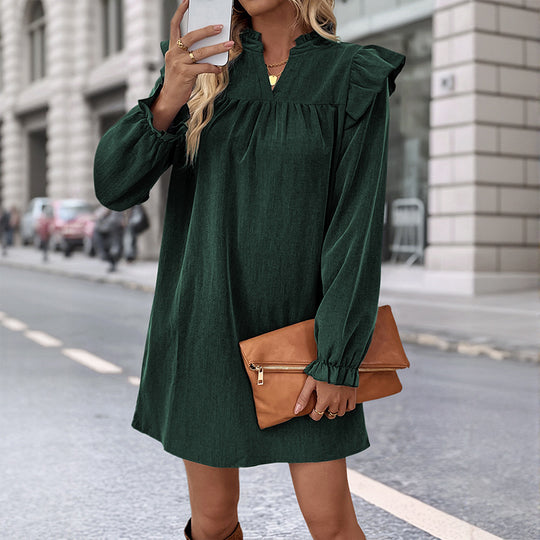 Damen Volant-Hemdkleid mit geraffter Passe, Stehkragen und elastischen Manschetten Nord Taschen