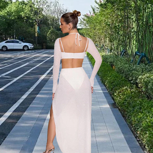 Damen Glamouröses Maxikleid mit schimmernden Details und seitlichem Schlitz Nord Taschen
