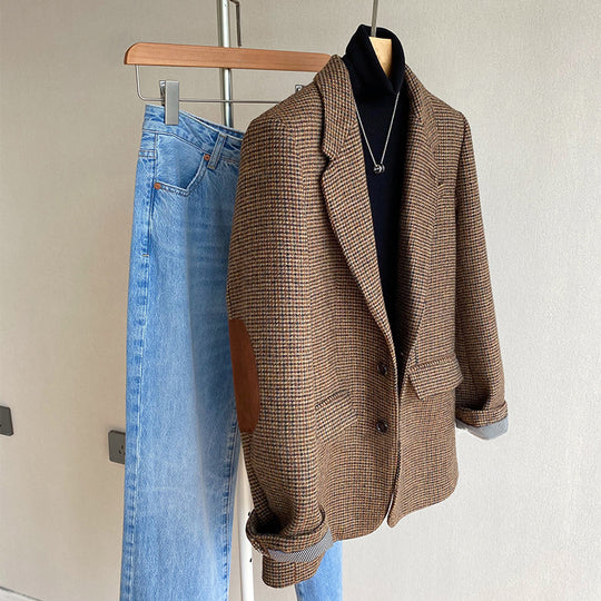 Damen Oversize-Tweed-Blazer mit Ellbogen-Patches, Pattentaschen und kastiger Silhouette Nord Taschen