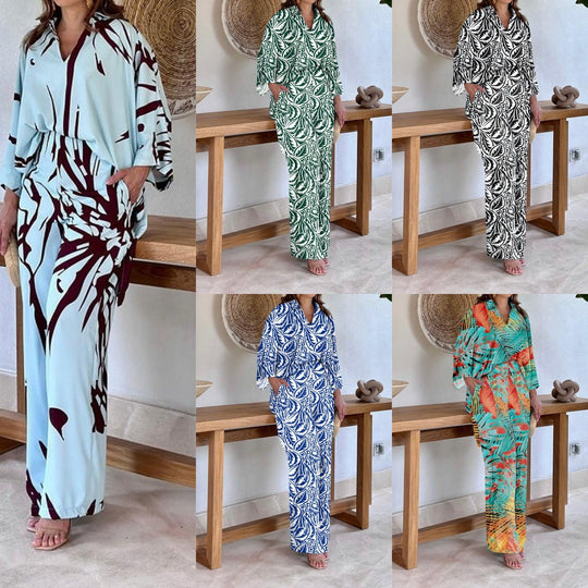 Damen Gemustertes Kimono-Lounge-Set mit weitem Palazzohose aus leichtem Viskose-Mix Nord Taschen