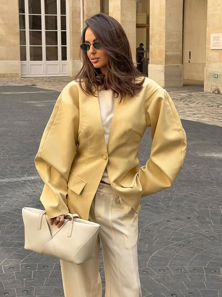 Damen Langblazer im Boxy‑Cut mit skulpturiertem V‑Ausschnitt und voluminösen Ballonärmeln Nord Taschen