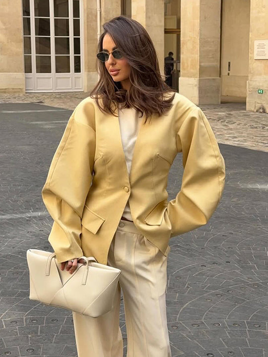 Damen Langblazer im Boxy‑Cut mit skulpturiertem V‑Ausschnitt und voluminösen Ballonärmeln Nord Taschen