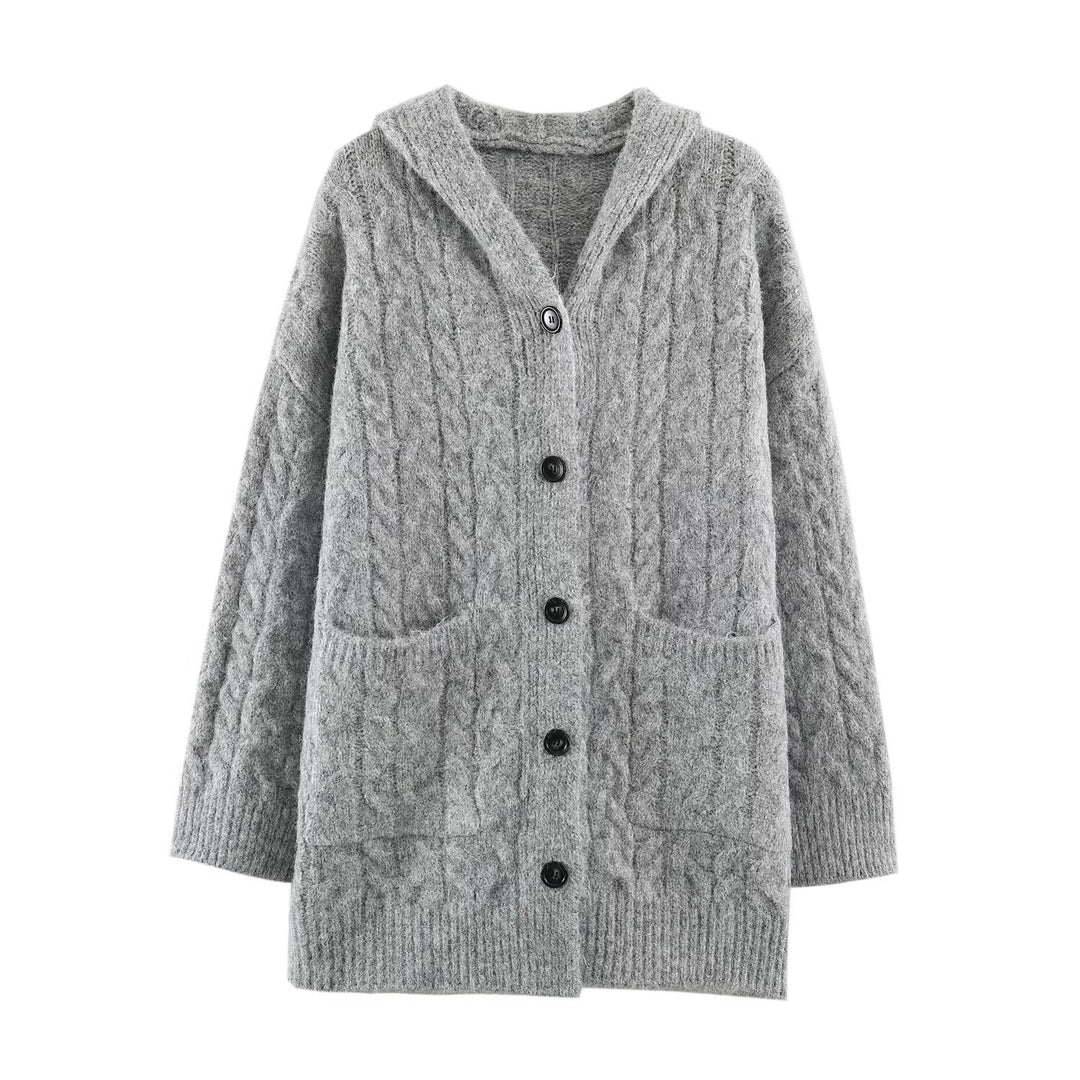 Damen Langgestrickter Kapuzen-Cardigan mit Zopfmuster und Knopfleiste Nord Taschen