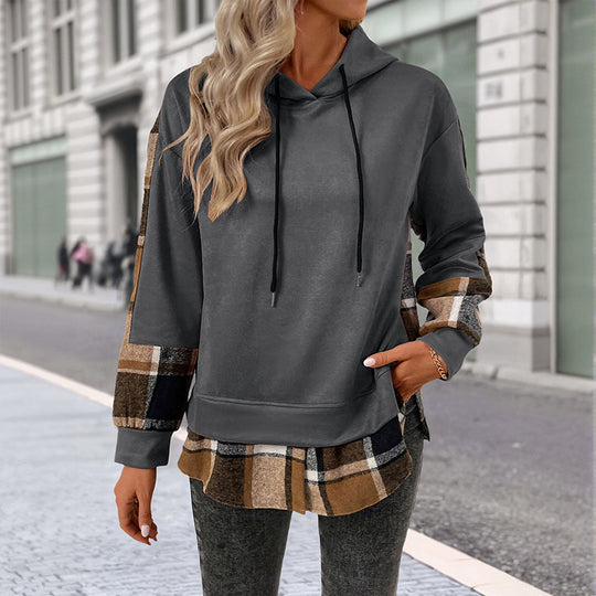 Damen Lässiger Hoodie mit karierten Ärmeln Nord Taschen