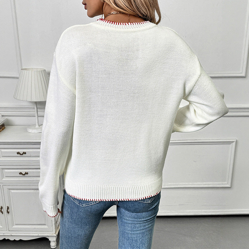Damen Lässiger Boxy-Strickpullover mit Erdbeer‑Intarsie, geripptem Saum und Rundhalsausschnitt Nord Taschen