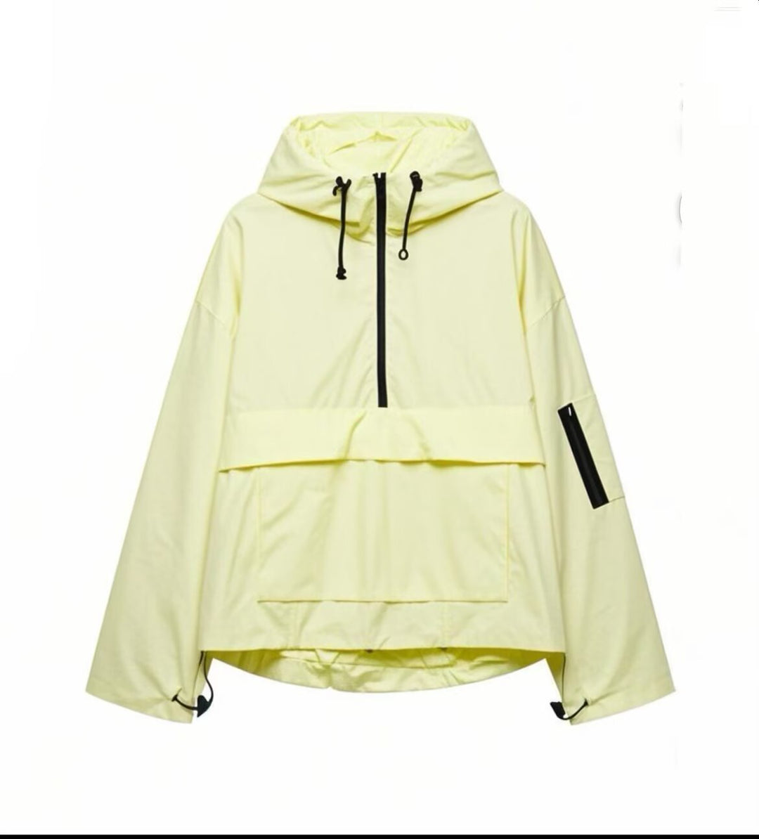 Damen Oversize Windbreaker-Anorak mit Kapuze, Halb-Reißverschluss und Kängurutasche Nord Taschen