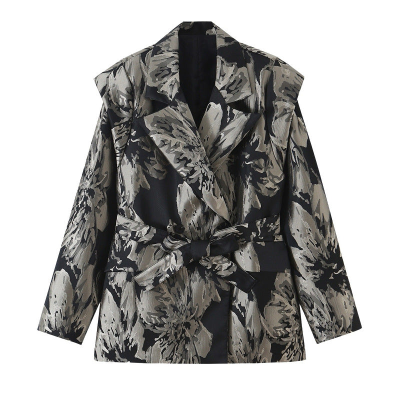 Damen Jacquard‑Blazer mit floralem Jacquardmuster, breitem Revers und Bindegürtel Nord Taschen