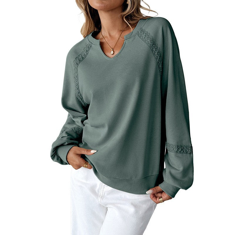 Damen Sweatshirt mit Spitzen-Einsätzen, V‑Kerbe und Ballonärmeln Nord Taschen