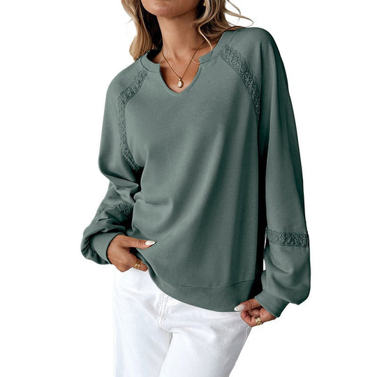 Damen Sweatshirt mit Spitzen-Einsätzen, V‑Kerbe und Ballonärmeln Nord Taschen