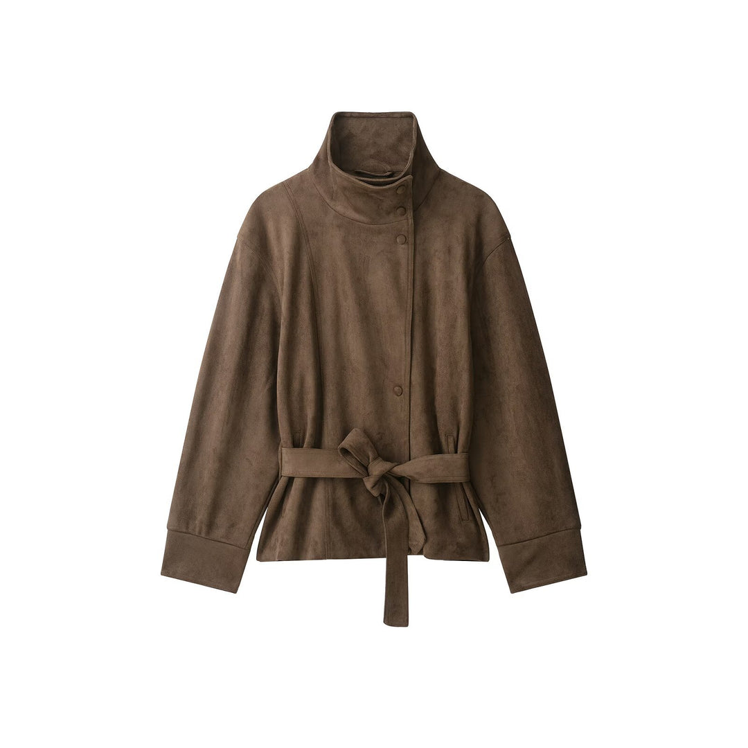 Damen Kurzjacke in Wildlederoptik mit hohem Funnelkragen und Bindegürtel Nord Taschen