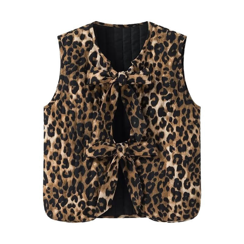Damen Ärmellose Strickweste mit Leopardenmuster und dekorativen Bindeschleifen Nord Taschen
