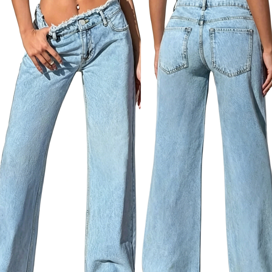 Damen High-Waist Schlagjeans mit rohem Bund und weitem Bein Nord Taschen