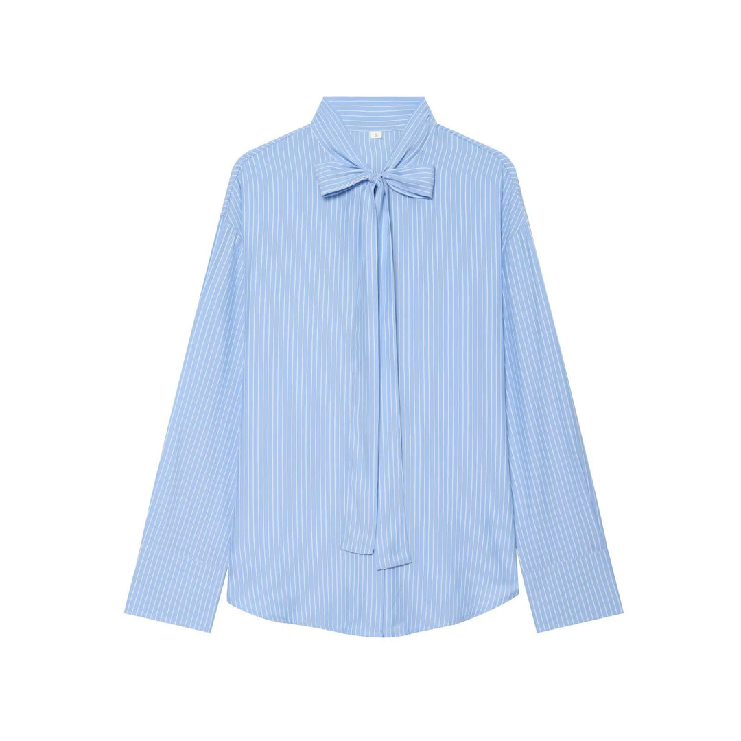 Damen Weite Bluse mit Schluppenkragen und Nadelstreifen Nord Taschen