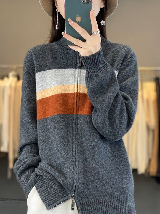 Damen Reißverschluss-Strickcardigan aus weichem Wollmix mit Blockstreifen und geripptem Saum Nord Taschen