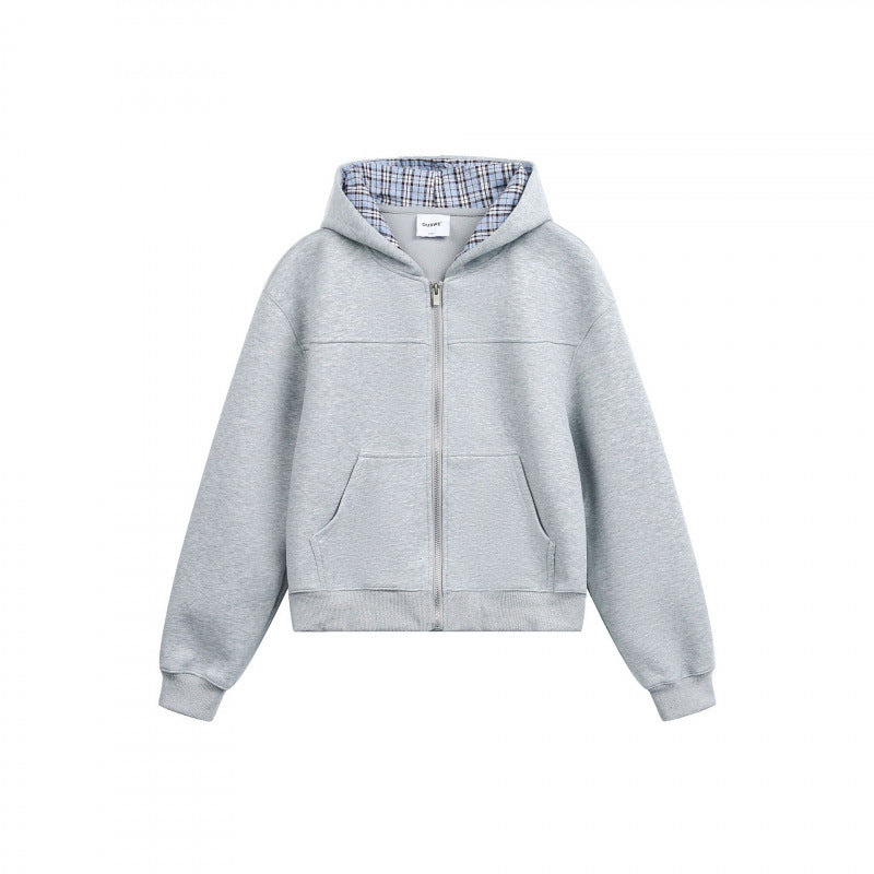 Damen Boxy-Kapuzen-Sweatjacke mit durchgehendem Reißverschluss, kariert gefütterter Kapuze und Kängurutaschen Nord Taschen