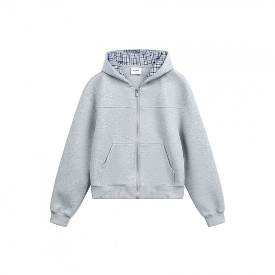Damen Boxy-Kapuzen-Sweatjacke mit durchgehendem Reißverschluss, kariert gefütterter Kapuze und Kängurutaschen Nord Taschen