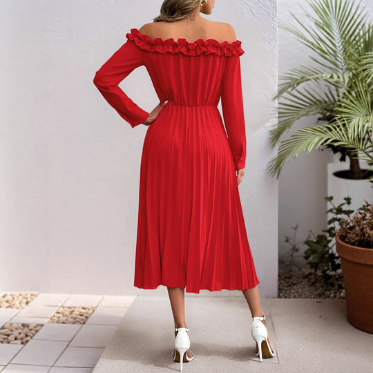 Damen Elegantes Off-Shoulder Plissee Kleid Nord Taschen