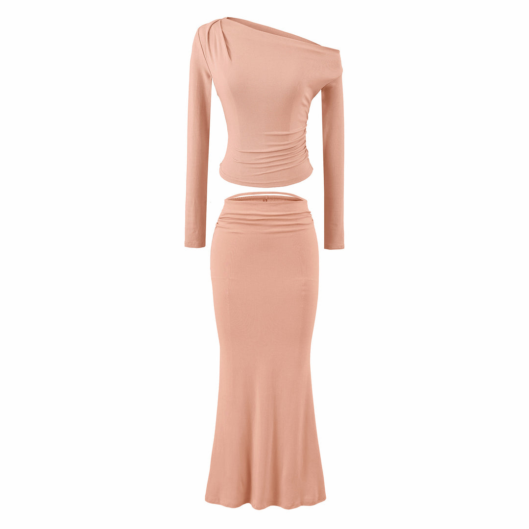 Damen Einschultriges zweiteiliges Set mit gerafftem Crop-Top und tailliertem Maxirock Nord Taschen