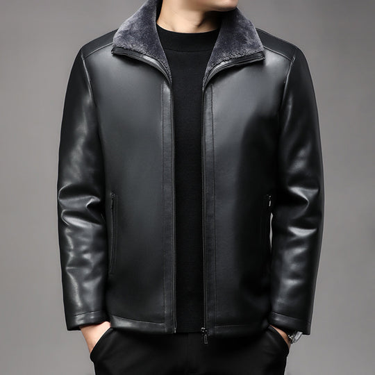 Herren Lederjacke mit wärmender Lammfell-Innenfütterung und Stehkragen Nord Taschen
