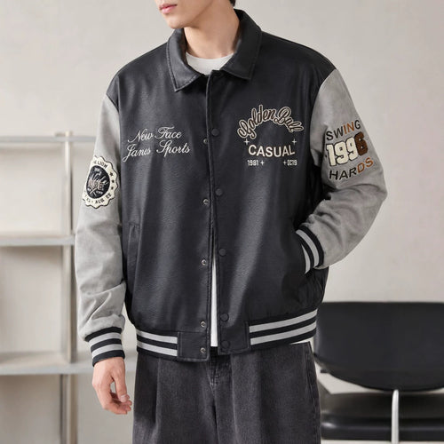 Herren Varsity-Lederoptik Collegejacke mit Kontrastärmeln, gestickten Patches und geripptem Saum Nord Taschen