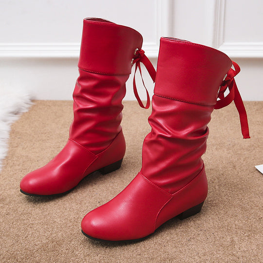 Damen  knielange Stiefel mit rückseitiger Schnürschleife, gerafftem Schaft und flachem Blockabsatz Nord Taschen