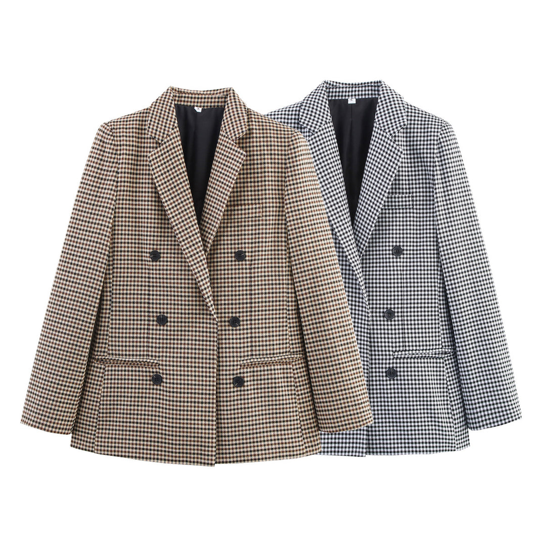 Damen Doppelreihiger Wollmix-Blazer im Glencheck/Hahnentritt mit leicht boxy Schnitt Nord Taschen