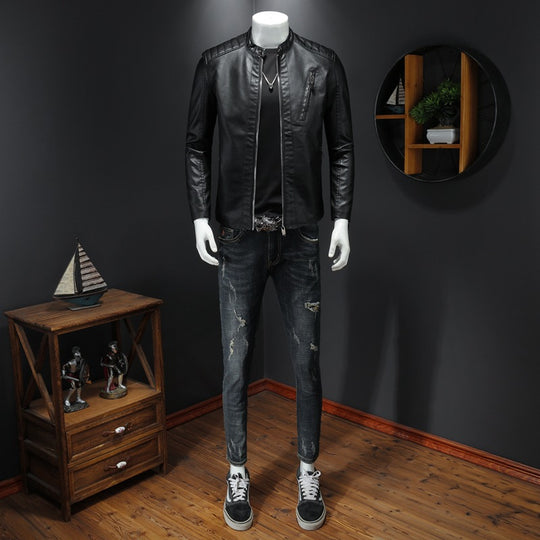 Herren Stilvolle Lederjacke mit schmalem Kragen Nord Taschen