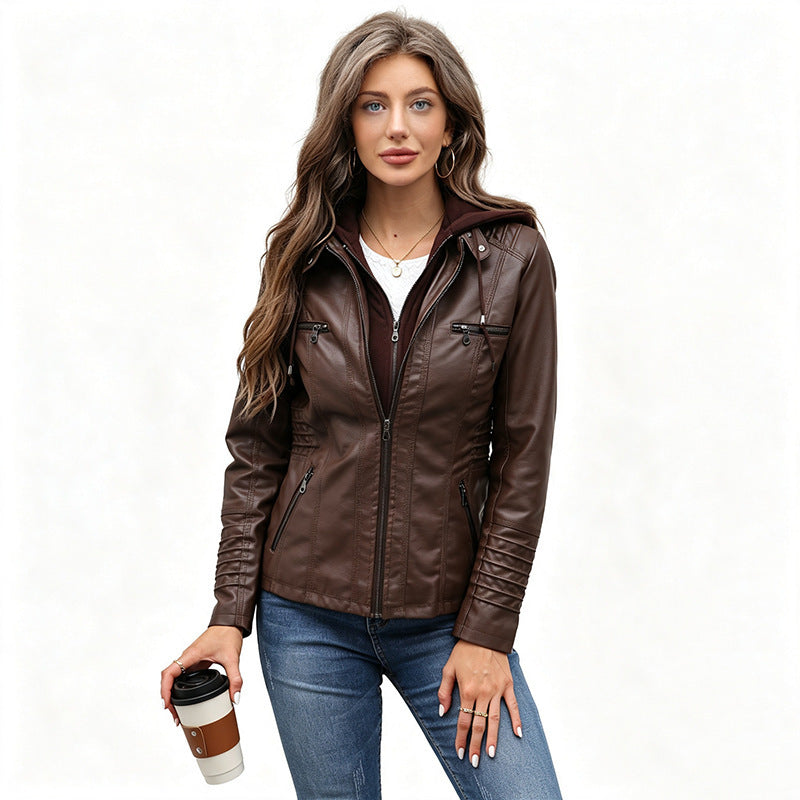 Damen Taillierte Kunstlederjacke mit abnehmbarer Kapuze und Reißverschluss Nord Taschen
