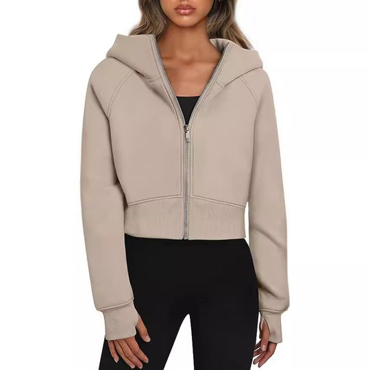 Damen Kurz geschnittener Performance-Kapuzenpullover mit durchgehendem Reißverschluss und Daumenlochbündchen Nord Taschen