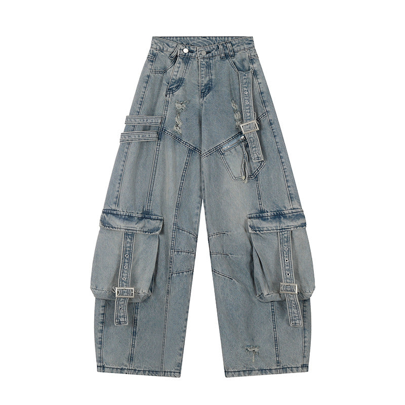 Damen weite Jeans-Cargo-Culotte mit taktischen Taschen, Gurtapplikationen und Used-Details Nord Taschen