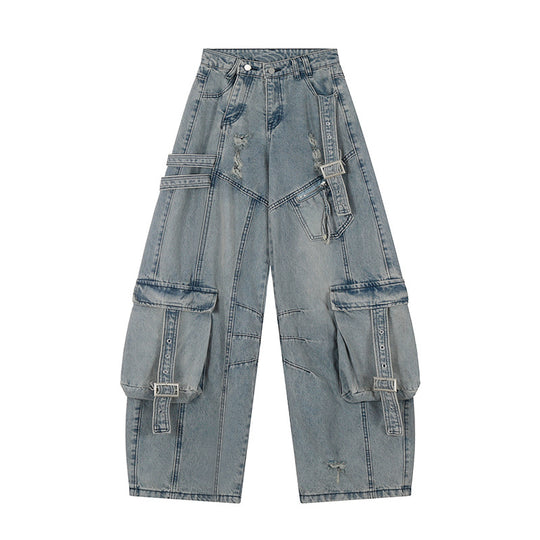 Damen weite Jeans-Cargo-Culotte mit taktischen Taschen, Gurtapplikationen und Used-Details Nord Taschen