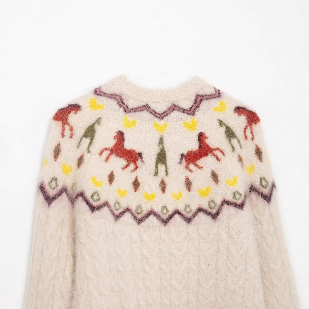 Damen Strickcardigan mit Norwegermuster und Pferde-Motiv, Zopfmuster und Knopfleiste Nord Taschen