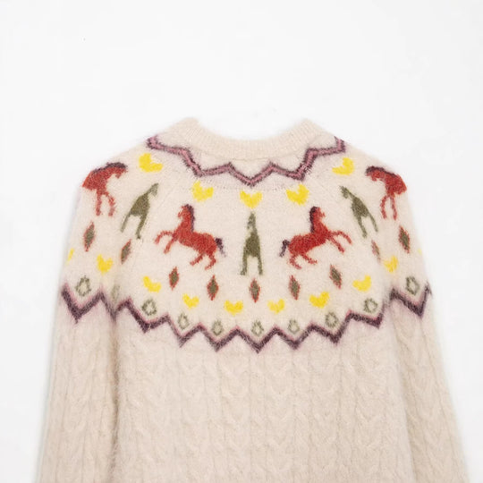 Damen Strickcardigan mit Norwegermuster und Pferde-Motiv, Zopfmuster und Knopfleiste Nord Taschen