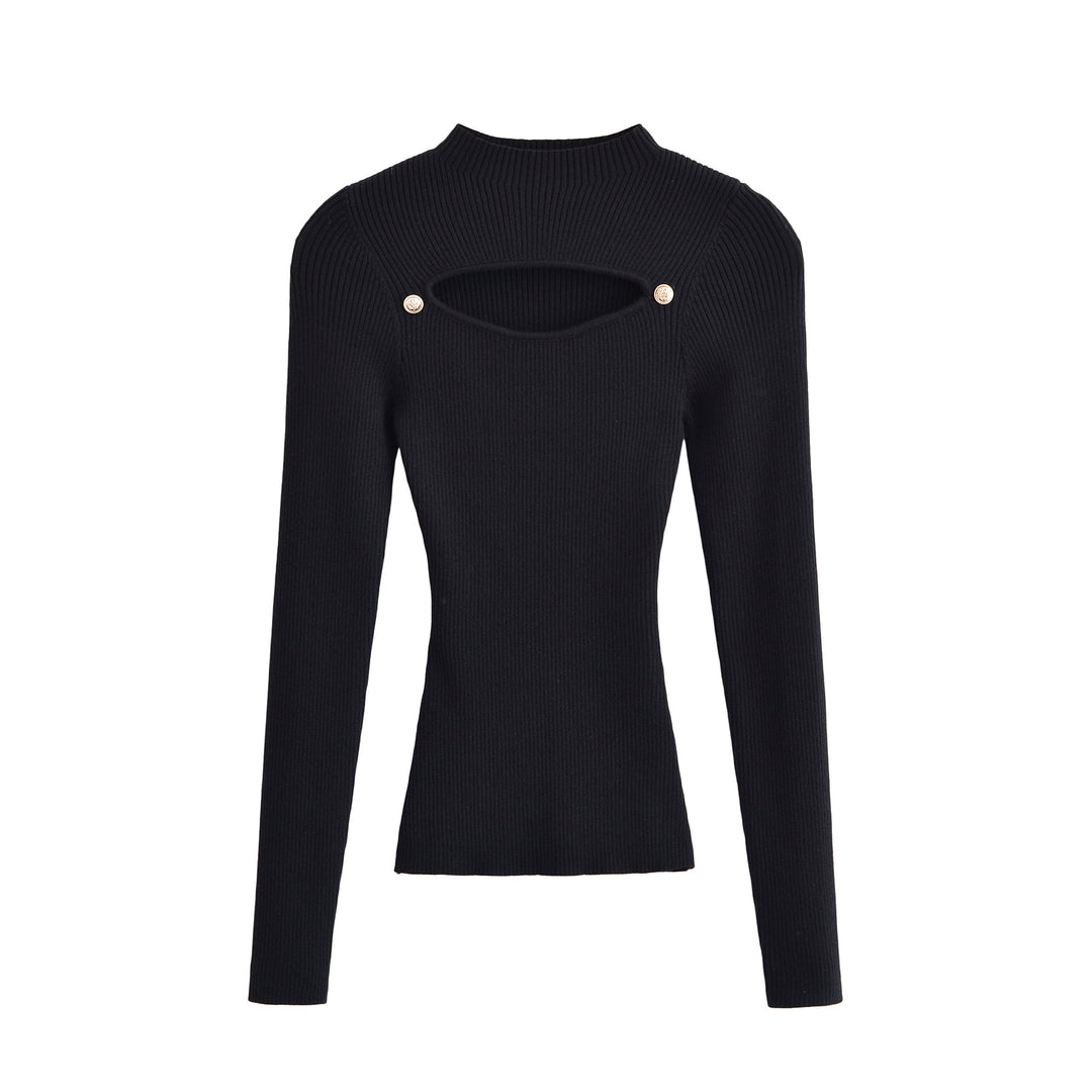 Damen Gerippter Stretch-Feinstrickpullover mit Brust-Cut-Out und Zierknöpfen Nord Taschen