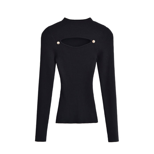 Damen Gerippter Stretch-Feinstrickpullover mit Brust-Cut-Out und Zierknöpfen Nord Taschen