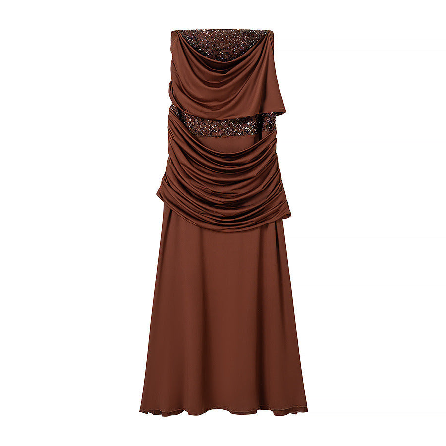 Damen Abendkleid mit schulterfreiem Drape‑Oberteil und Pailletten‑Einsatz Nord Taschen