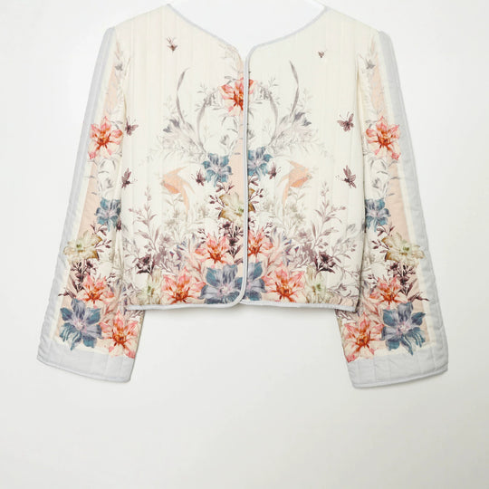 Damen Gestepptes Cropped Übergangsjacke mit floraler Allover-Print und Rundhalsausschnitt Nord Taschen