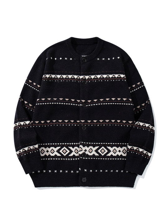 Unisex Strukturierte Jacquard-Strickjacke mit Rundhalsausschnitt, Oversize-Passform und Knopfleiste Nord Taschen