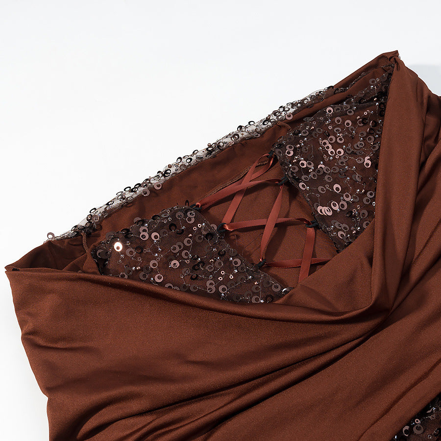 Damen Abendkleid mit schulterfreiem Drape‑Oberteil und Pailletten‑Einsatz Nord Taschen