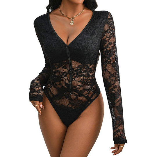 Damen Figurbetonter Spitzen-Body mit durchscheinender Spitze, V‑Ausschnitt und Zierknopfleiste Nord Taschen
