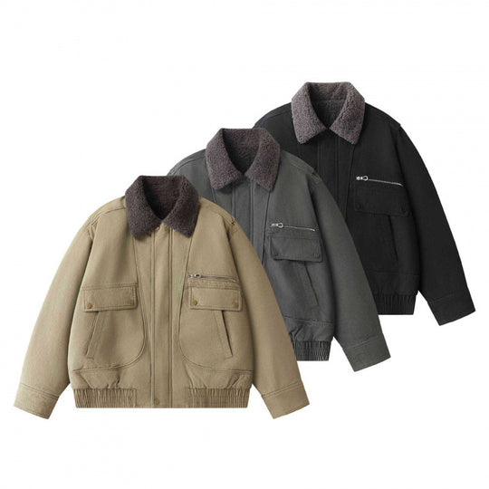 Herren Kurz geschnittener Canvas‑Fliegerblouson mit Sherpa‑Kragen und Multifunktions‑Taschen Nord Taschen