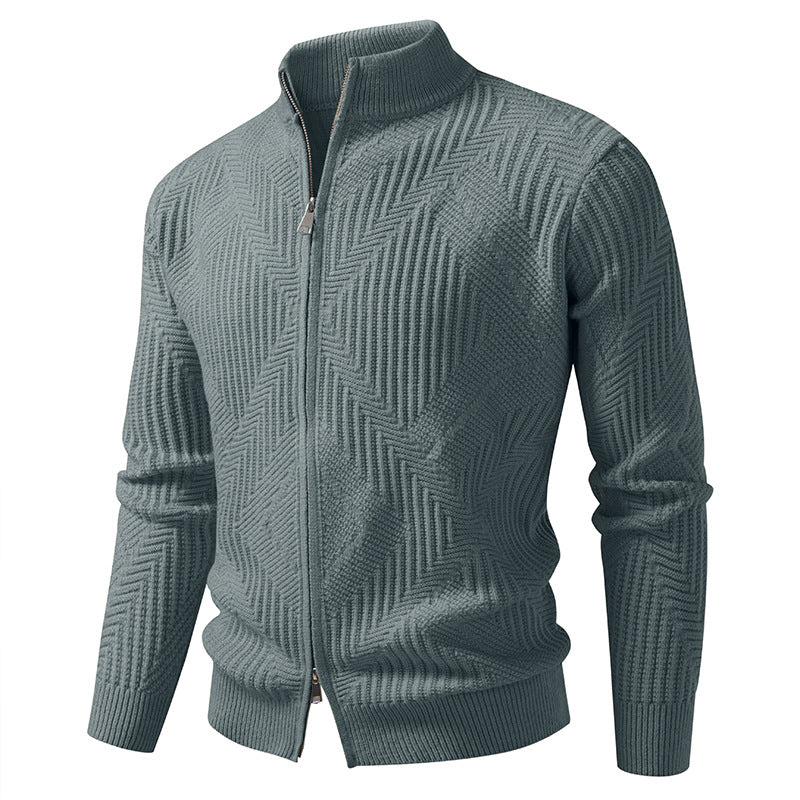 Herren Reißverschluss-Cardigan mit geometrischem Fischgrätstrick und Stehkragen Nord Taschen