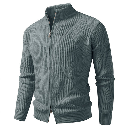 Herren Reißverschluss-Cardigan mit geometrischem Fischgrätstrick und Stehkragen Nord Taschen