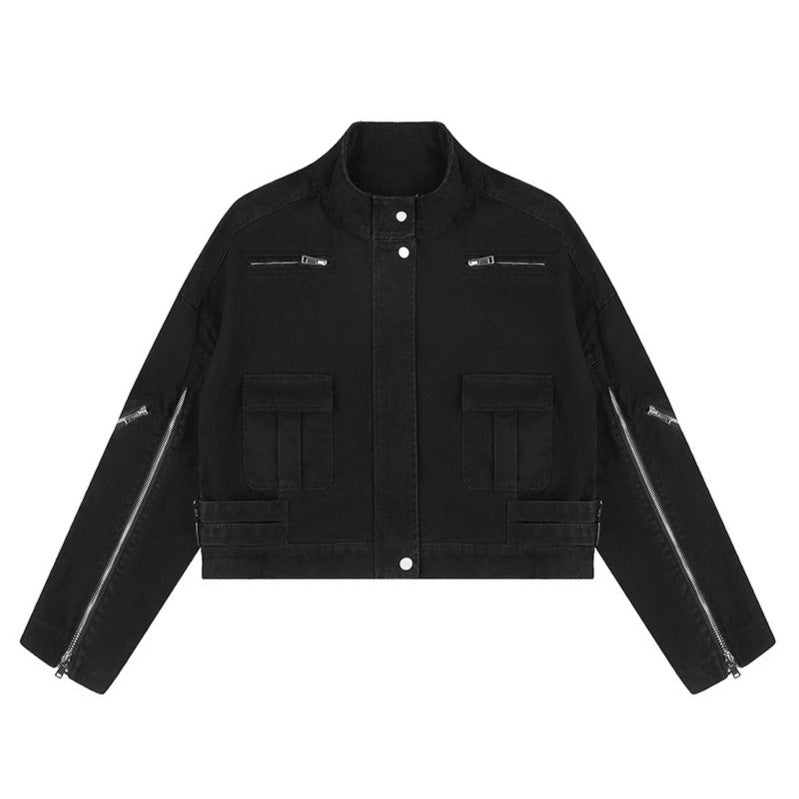 Damen Cropped Utility-Jacke mit Stehkragen, Mehrfachtaschen und Reißverschlussärmeln Nord Taschen