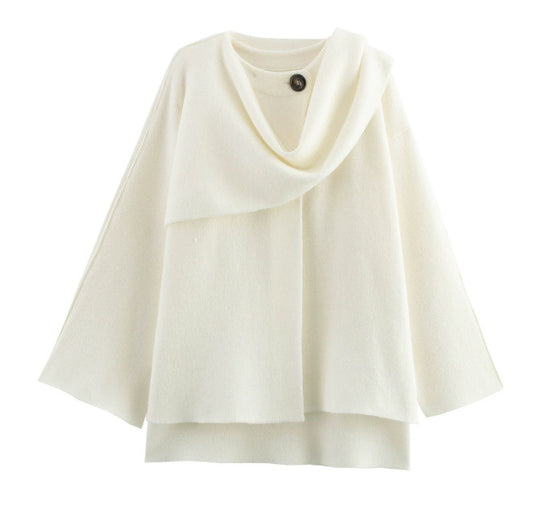 Damen 900+ drapierter Oversize Poncho‑Pullover mit Wasserfallkragen und Zierknopf Nord Taschen