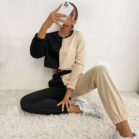 Damen Zweifarbiges Cropped-Jogging-Set mit Tunnelzug, elastischen Bündchen und Boxy-Schnitt Nord Taschen