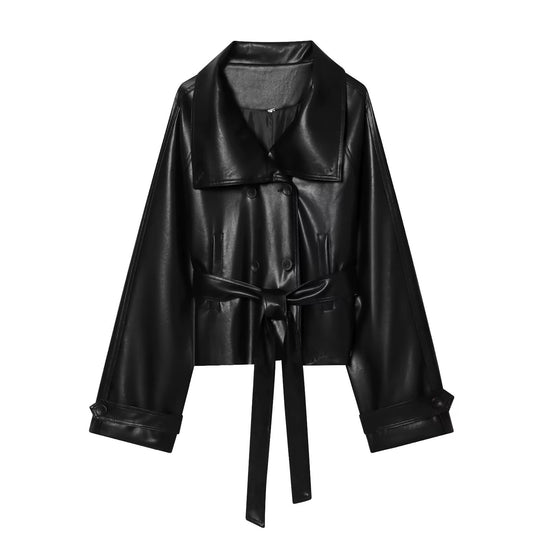 Damen Kurz geschnittener Kunstleder-Trenchcoat mit übergroßem Revers, doppelreihiger Knopfleiste und Bindegürtel Nord Taschen